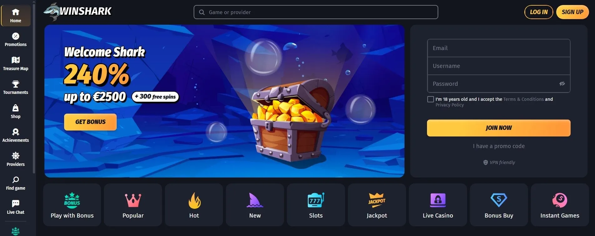 Winshark Casino Homepage